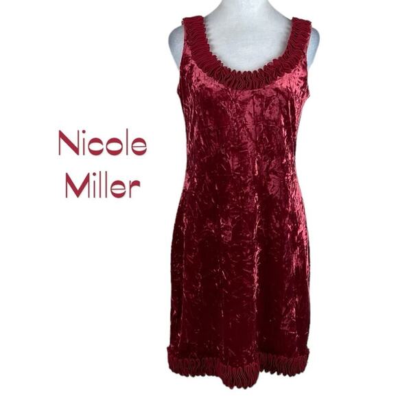 Nicole Miller Red Crushed Velvet Ruffled Romantic Fairy Dress NWOT Size L - Picture 2 of 12